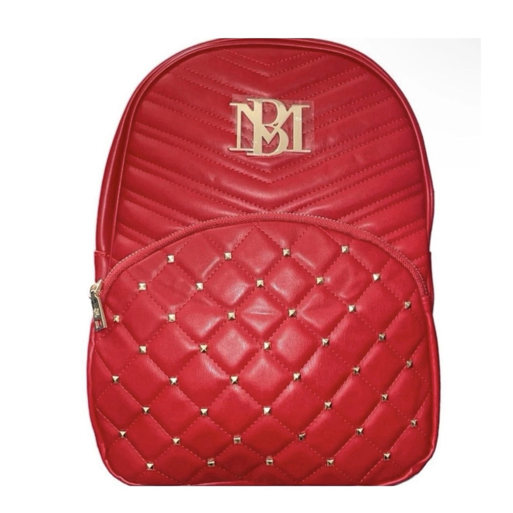 Badgley Mischka Red Vegan Leather Backpack Gold Studded Diamond Quilted NWT